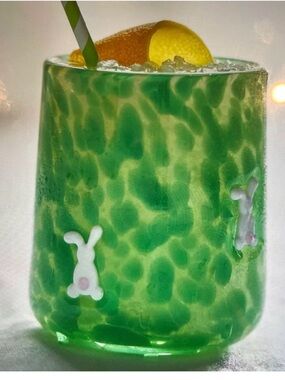 Anthropologie Icon Confetti Green Bunny Pattern Glass Tumbler NEW